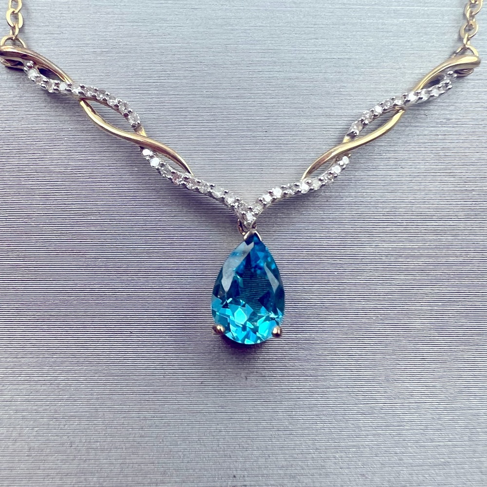 10k Gold & Genuine Topaz Necklace with real Diamond Accents